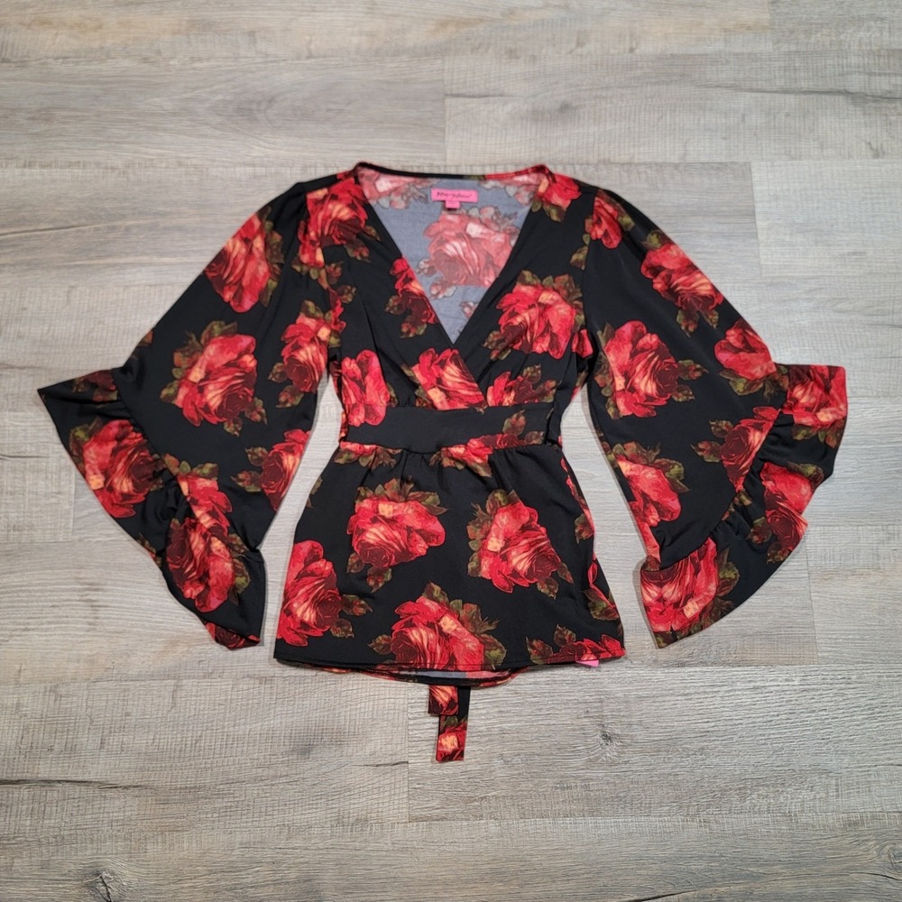 Betsey Johnson Y2K Babydoll Flare Sleeve Tie V Neck Dark Floral Top Size Small